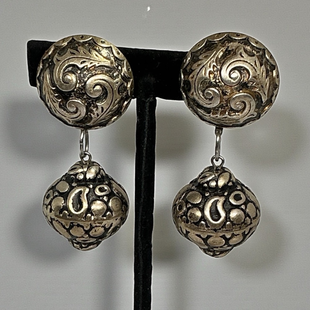 Vintage Brass Repoussé Dangle Clip Earrings  Baroque Scroll Dome Ball Drop